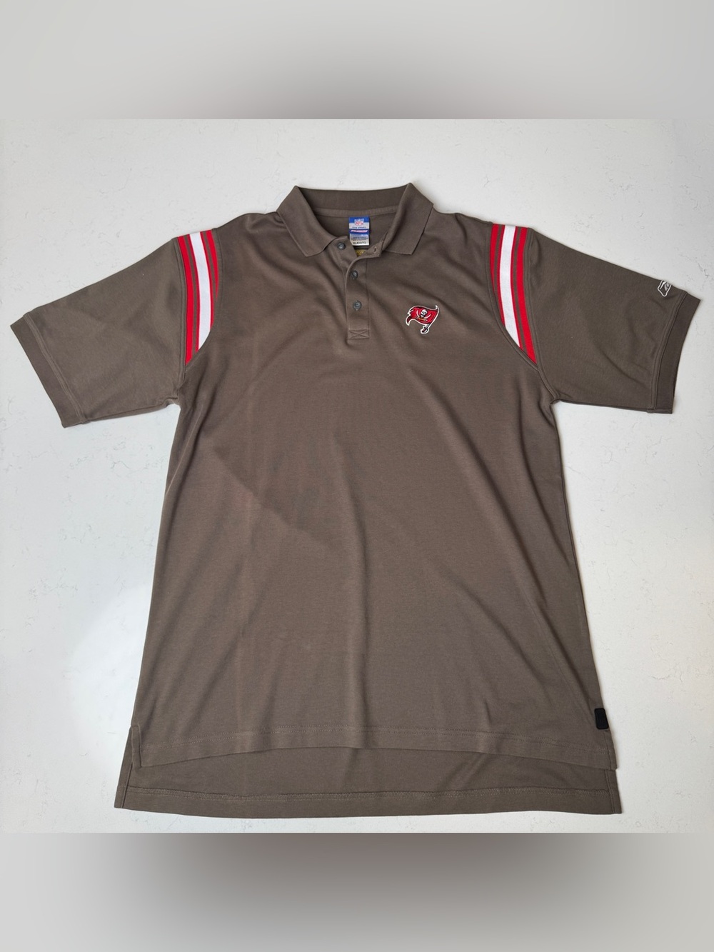 Tampa Bay Buccaneers NFL Brown Polo with Red and White Shoulder Stripes